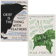 Faber & Faber paperback collection featuring Max Porter's fiction books, "Grief Is the Thing With Feathers" and "Lanny," displayed together.
