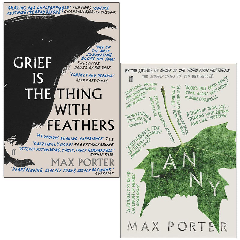Faber & Faber paperback collection featuring Max Porter's fiction books, "Grief Is the Thing With Feathers" and "Lanny," displayed together.