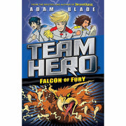 Set of eight Adam Blade Team Hero Series paperback books for ages 9-12, featuring colorful covers and adventurous characters.