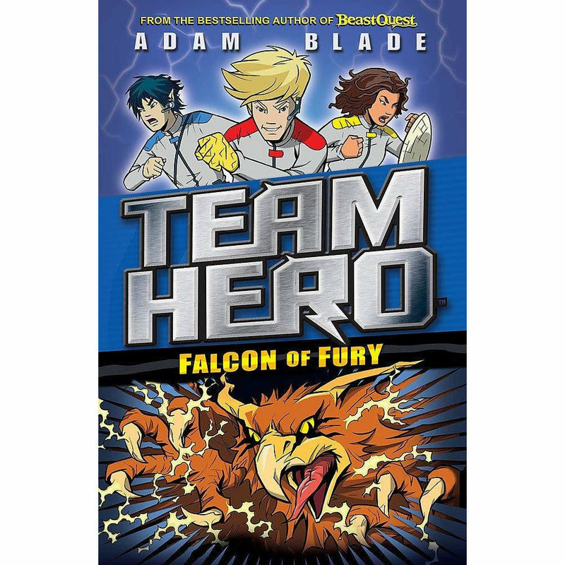 Set of eight Adam Blade Team Hero Series paperback books for ages 9-12, featuring colorful covers and adventurous characters.