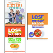 Set of three Hairy Dieters paperback books by Hairy Bikers and Iota Publishing, featuring healthy recipes and diet tips.