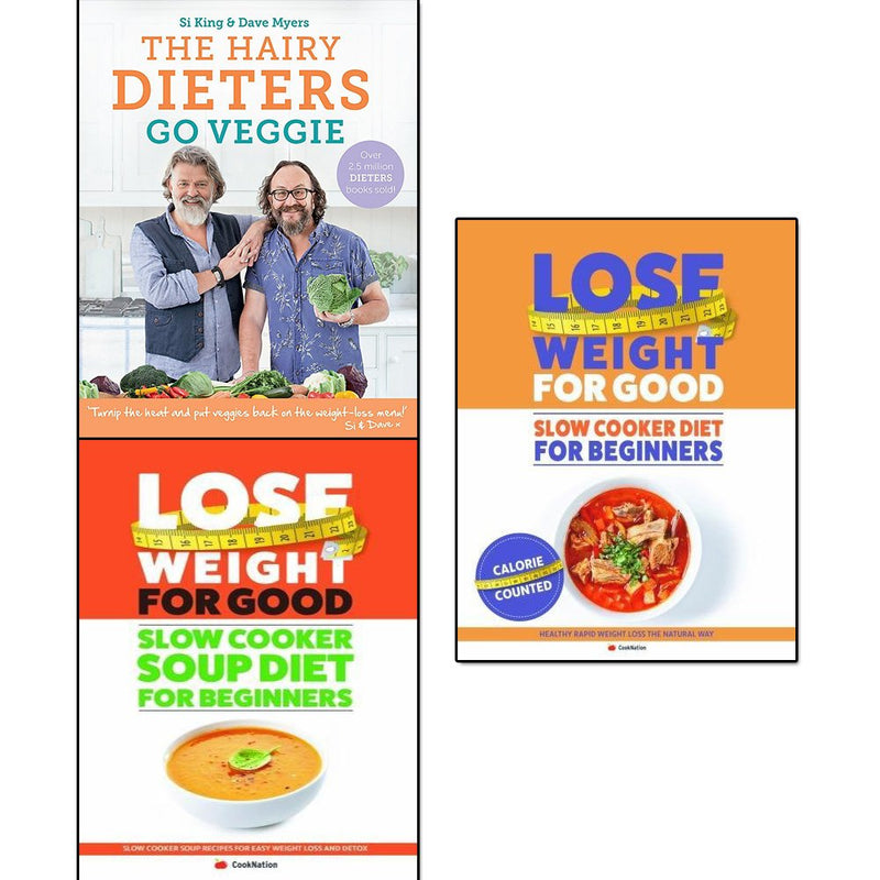 Set of three Hairy Dieters paperback books by Hairy Bikers and Iota Publishing, featuring healthy recipes and diet tips.