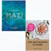 Set of two hardcover books from the Prawn on the Lawn collection by Mazi, featuring modern Greek food recipes and culture.