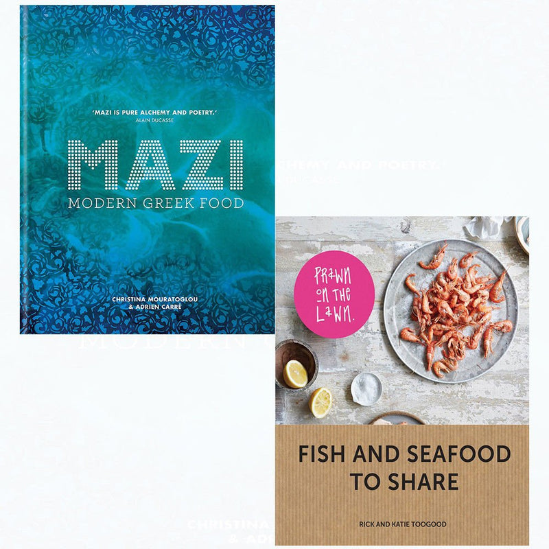 Set of two hardcover books from the Prawn on the Lawn collection by Mazi, featuring modern Greek food recipes and culture.