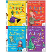 Set of four Read With Oxford My Phonics Activity Books (Stages 1-4) by Julia Donaldson, designed for early reading development.