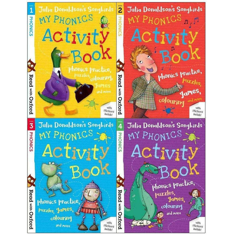 Set of four Read With Oxford My Phonics Activity Books (Stages 1-4) by Julia Donaldson, designed for early reading development.