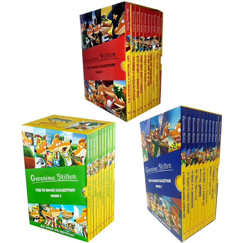 Geronimo Stilton 30-book collection box set featuring colorful paperback fiction books by Geronimo Stilton, published by Sweet Cherry Publishing.