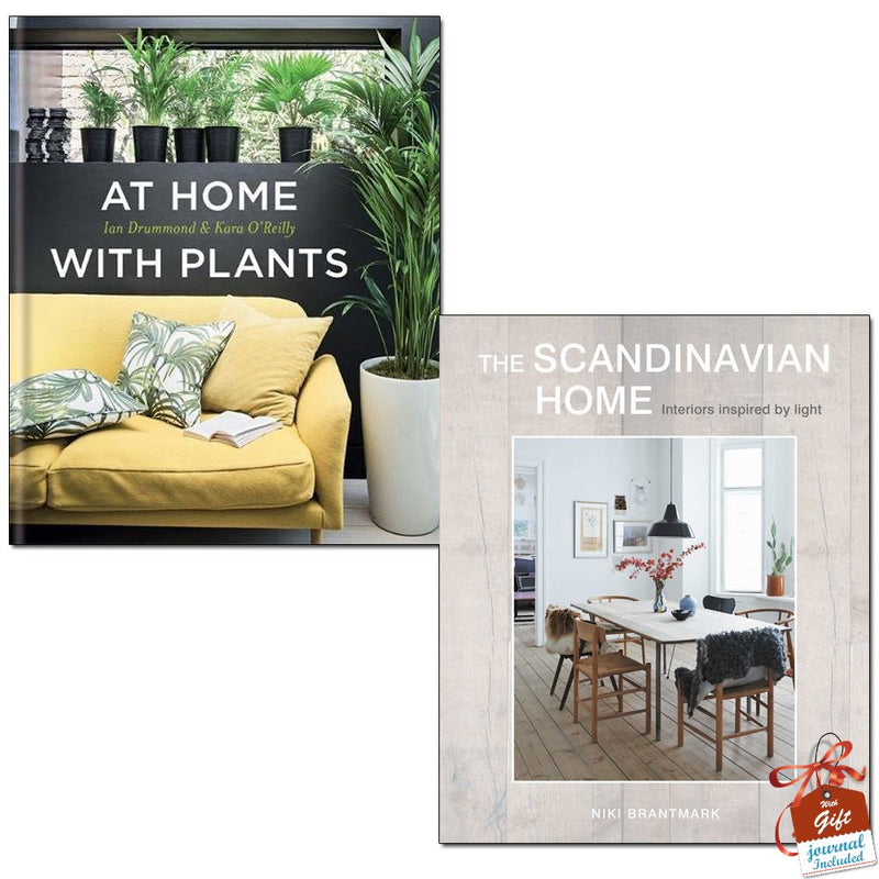 Open hardcover books titled "At Home With Plants" by Ian Drummond, Kara O'Reilly, and Niki Brantmark, featuring Scandinavian plant decor.