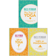 Set of three yoga books by B. K. S. Iyengar, including The Tree of Yoga, Light on Yoga, and Light on Pranayama, published by HarperCollins.