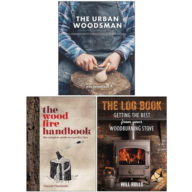 Three books from The Urban Woodsman collection by Max Bainbridge & Josh Vogel, featuring fire cooking and woodcraft techniques.