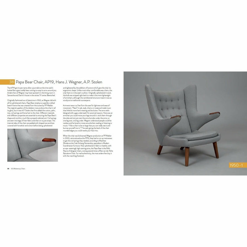 Hardcover copy of "100 Midcentury Chairs" by Lucy Ryder Richardson, showcasing a cover image with midcentury chair designs.