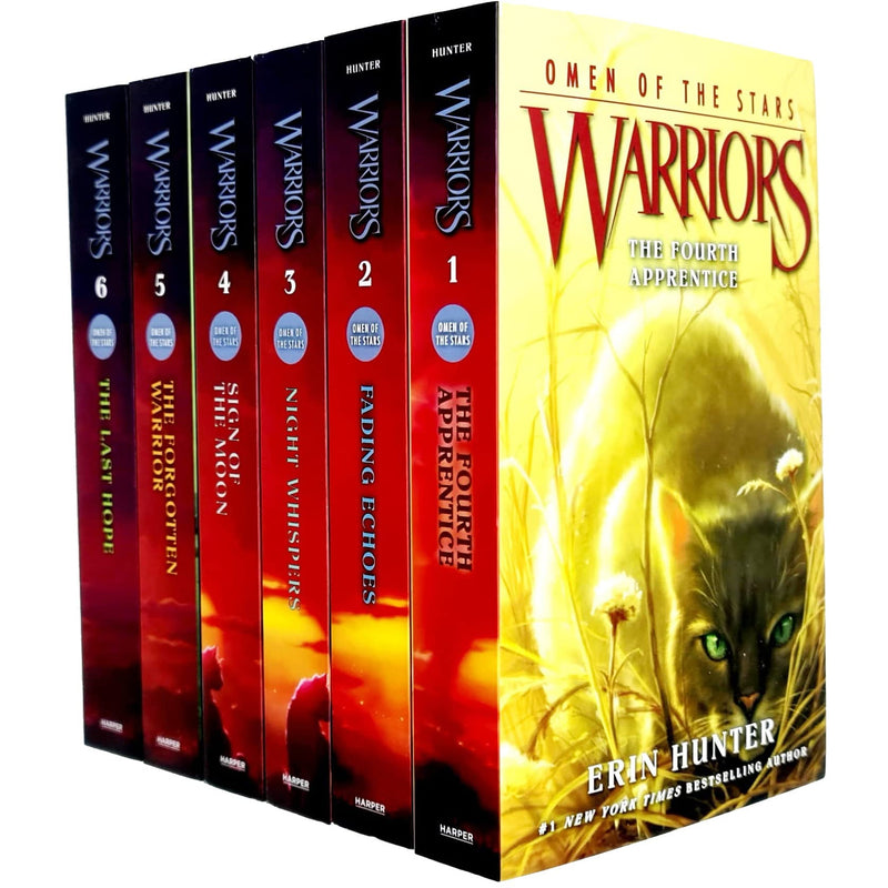 Collection of Warrior Cats Series 4 Omen of the Stars books 1-6 by Erin Hunter, featuring colorful covers and spines.