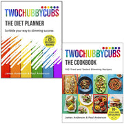 Twochubbycubs diet planner and cookbook set by James and Paul Anderson, featuring yellow covers and mixed format pages.