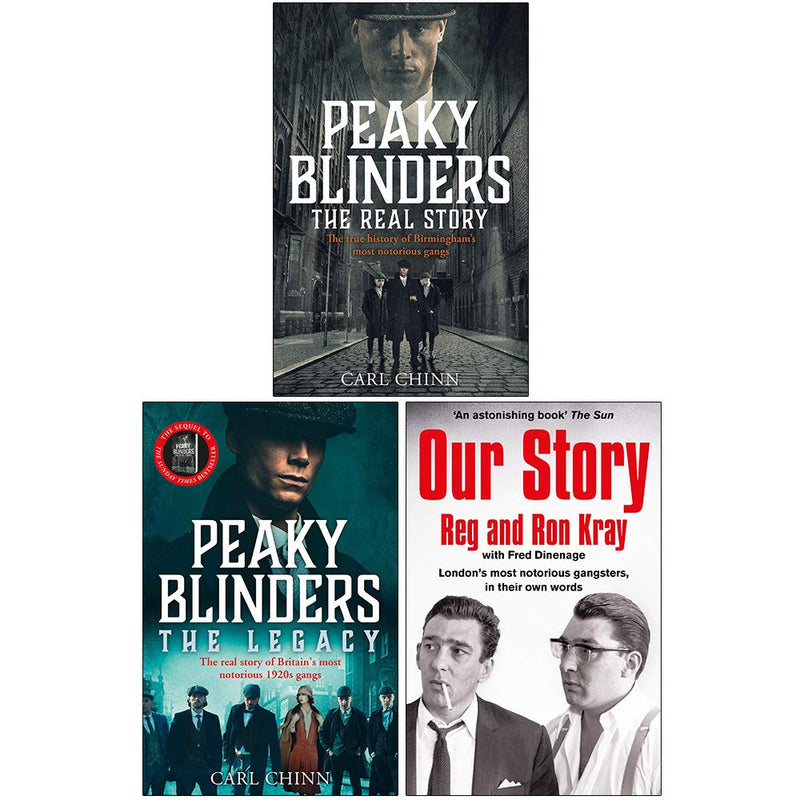Set of three Peaky Blinders books by Carl Chinn, including The Real Story, The Legacy, and Our Story, with book covers visible.