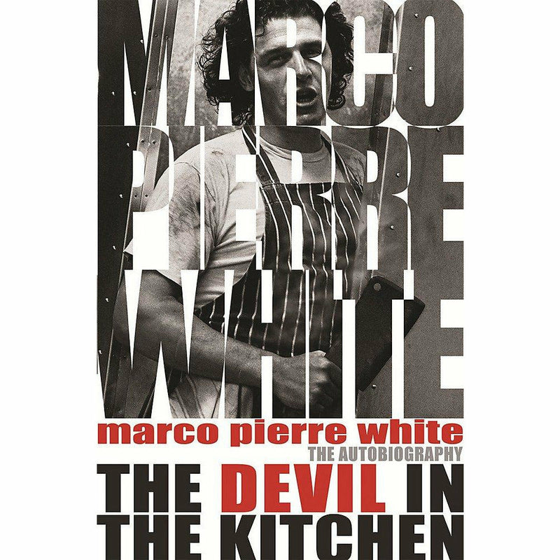 Paperback copy of "Devil in the Kitchen" by Marco Pierre White, non-fiction culinary memoir, with a plain cover and author name visible.