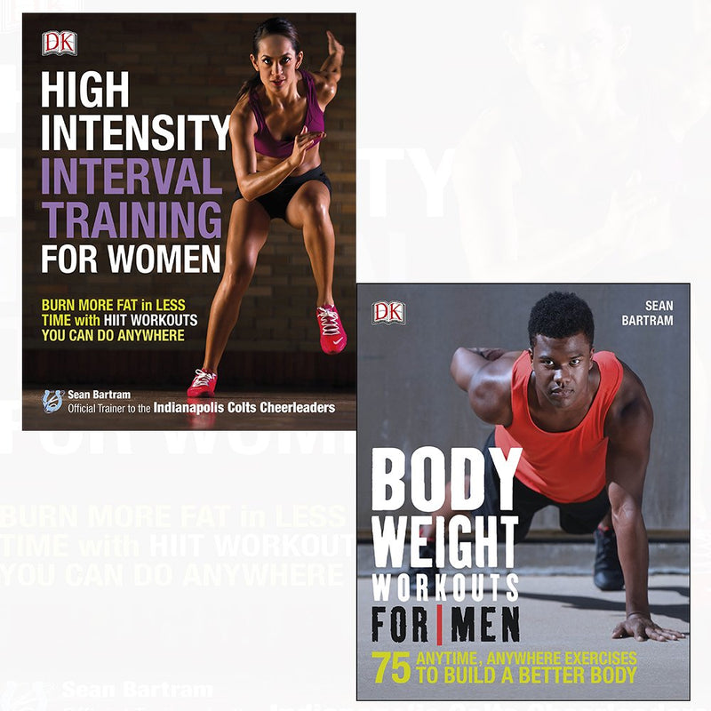 DK Bodyweight Workouts for Men and High-Intensity Interval Training for Women book collection, paperback, featuring fitness tips and routines.
