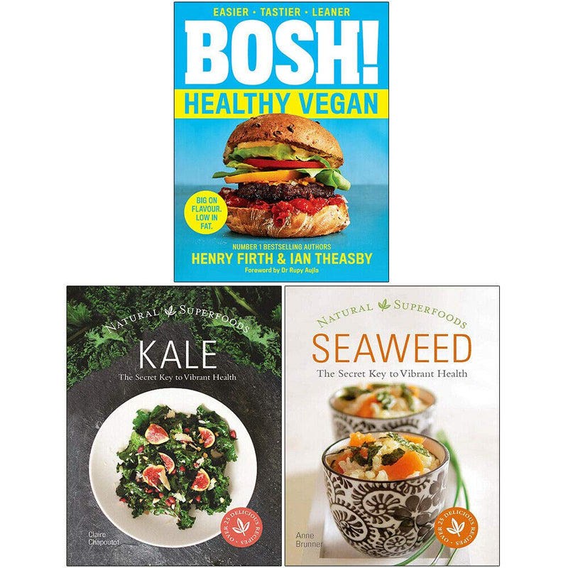 Set of three BOSH! Healthy Vegan cookbooks by Henry Firth and Iota Publishing featuring kale and seaweed recipes in hardback format.