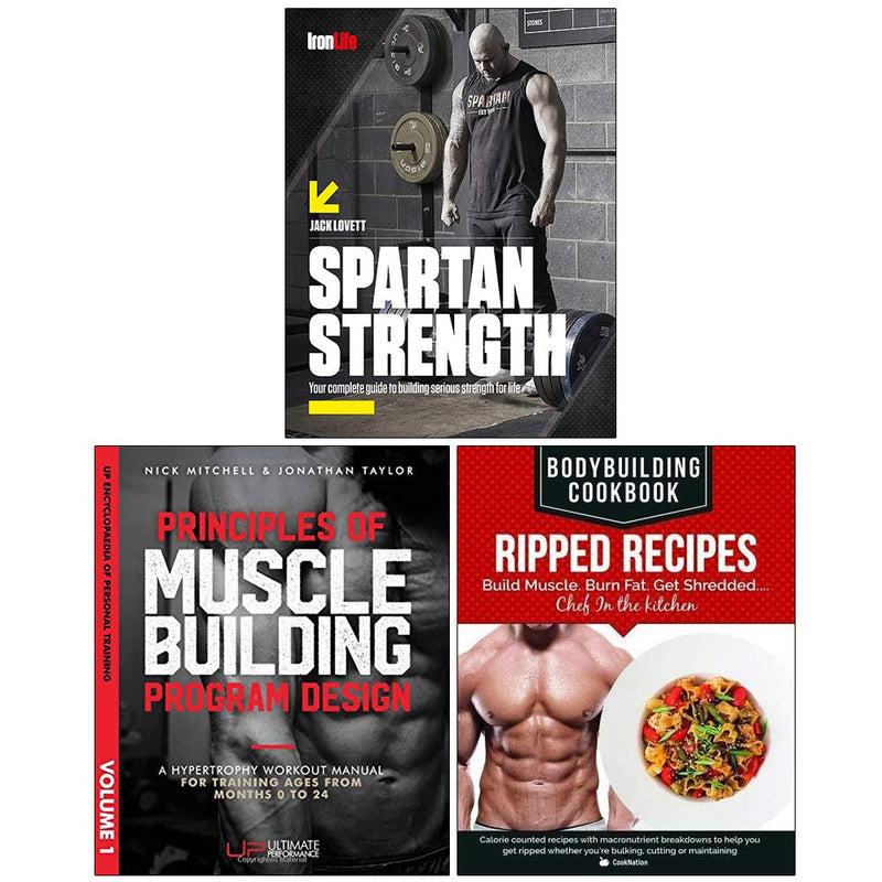 Spartan Strength bodybuilding cookbook set by Jack Lovett, featuring three paperback books with fitness recipes and nutrition tips.