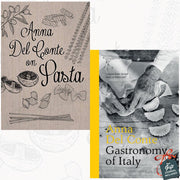 Anna Del Conte's two hardcover books on pasta and Italian gastronomy, featuring detailed illustrations and classic Italian recipes.