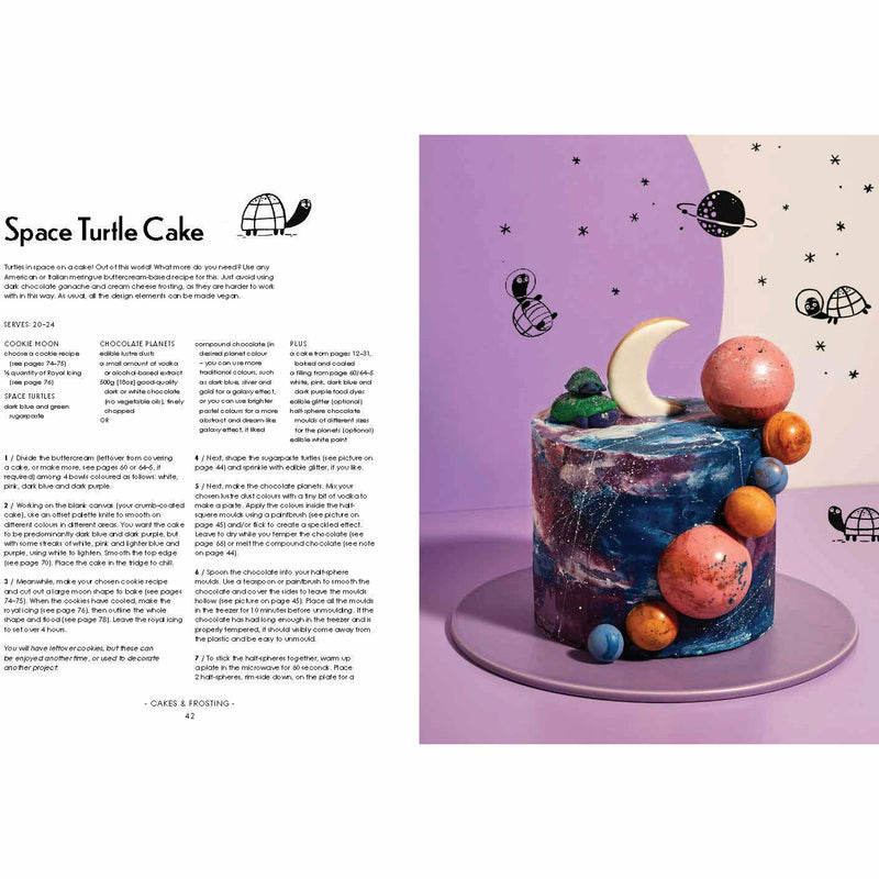 Open hardcover of "Baking With Kim-Joy" cookbook showing colorful, creative baked goods and whimsical illustrations by Kim-Joy.