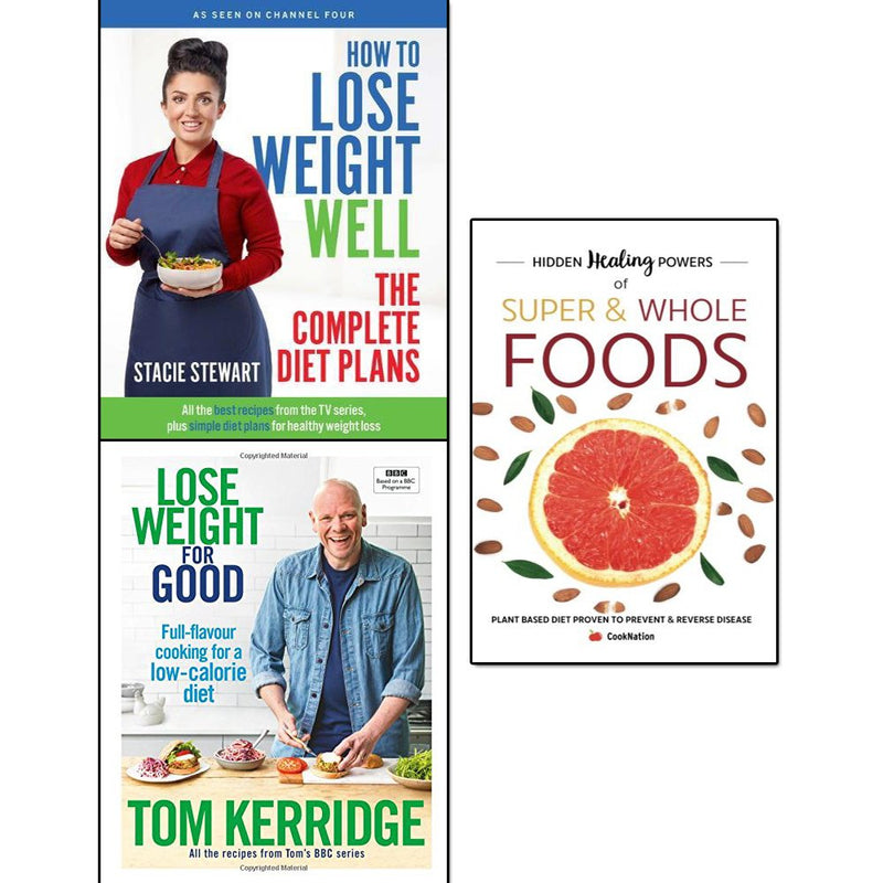 Collection of three non-fiction weight loss books by Stacie Stewart, Tom Kerridge, and Iota, featuring healthy lifestyle tips.
