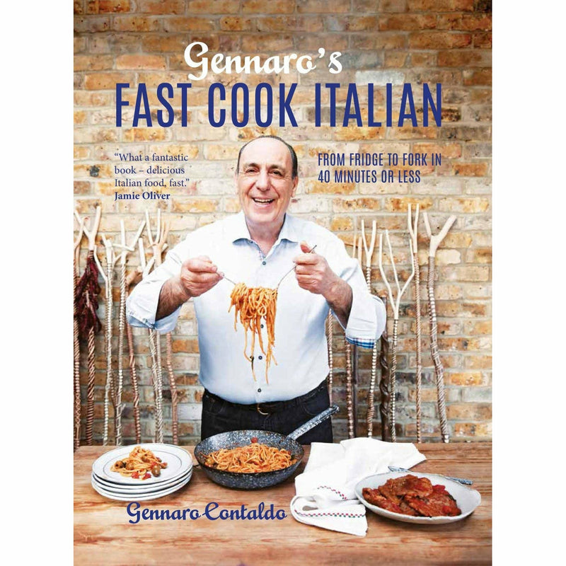 Two hardcover cookbooks from Gennaro's Fast Cook Italian and Jamie Cooks Italy 2 by Jamie Oliver, featuring Italian recipes.