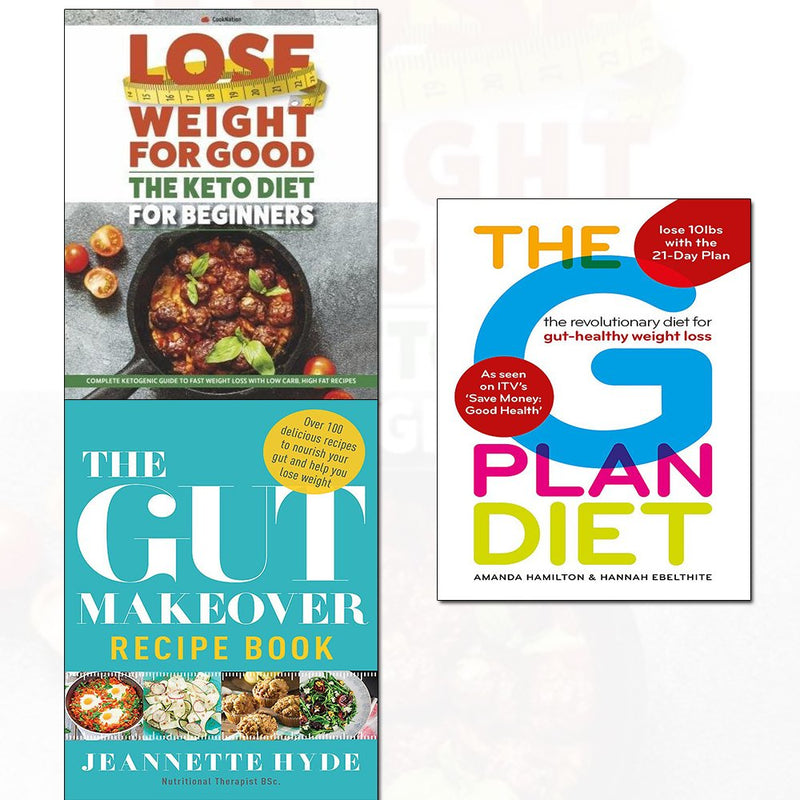 Three paperback health books including Gut Makeover, Keto for Beginners, and G Plan Diet from The Book Bundle collection.