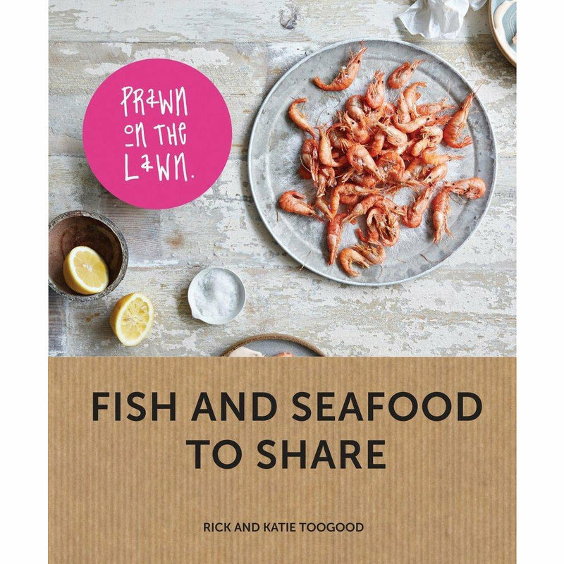 Set of two hardcover books from Mazi Modern Greek Food collection featuring prawn dishes, by Mitchell Beazley/Pavilion Books.