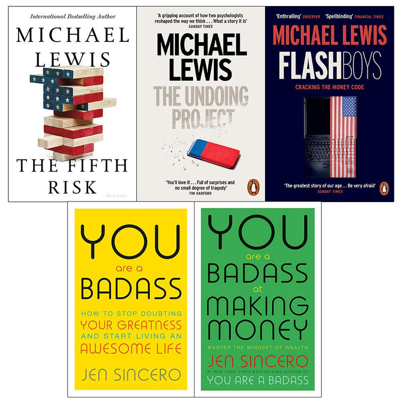 Set of five non-fiction books including Flash Boys and You Are a Badass by Michael Lewis and Jen Sincero, in mixed formats.