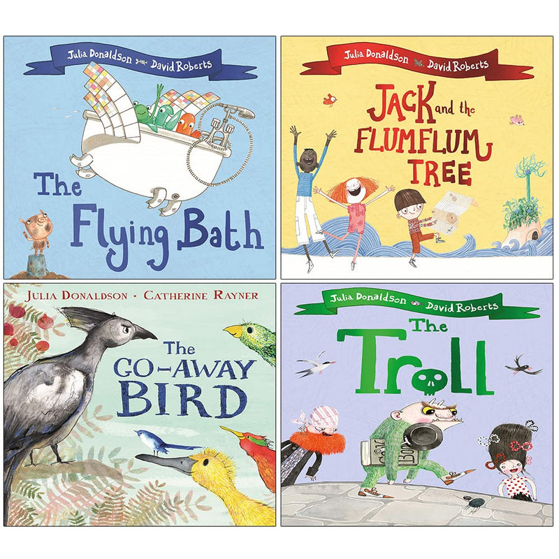 Set of four Julia Donaldson children's books including The Flying Bath, Jack and the Flumflum Tree, The Go-Away Bird, and The Troll.
