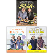 Set of three Hairy Bikers cookbooks including One Pot Wonders, Go Veggie, and Make It Easy, featuring colorful cover images.