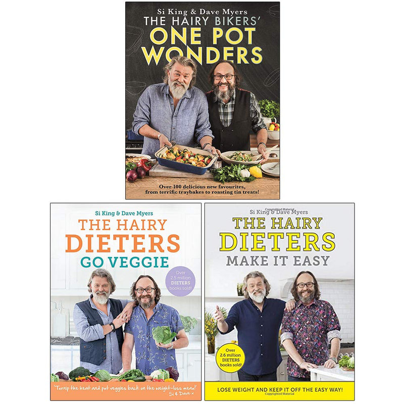 Set of three Hairy Bikers cookbooks including One Pot Wonders, Go Veggie, and Make It Easy, featuring colorful cover images.