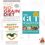 Set of three paperback books on gut health, featuring The No-Grain Diet and Gut Makeover recipes by Browne, Mercola, and Hyde.