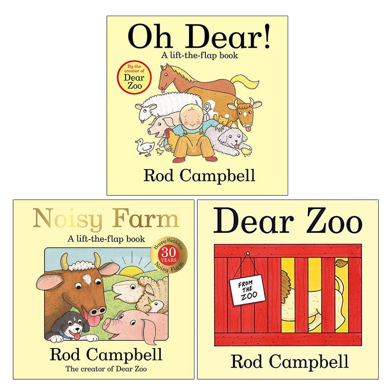 Rod Campbell Oh Dear and Dear Zoo noisy farm and zoo books set for children aged 3-5, featuring colorful illustrations and sturdy board pages.