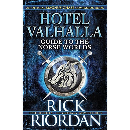 Cover of Rick Riordan's "Hotel Valhalla Guide to the Norse Worlds" book showing Norse mythology illustrations and title text.