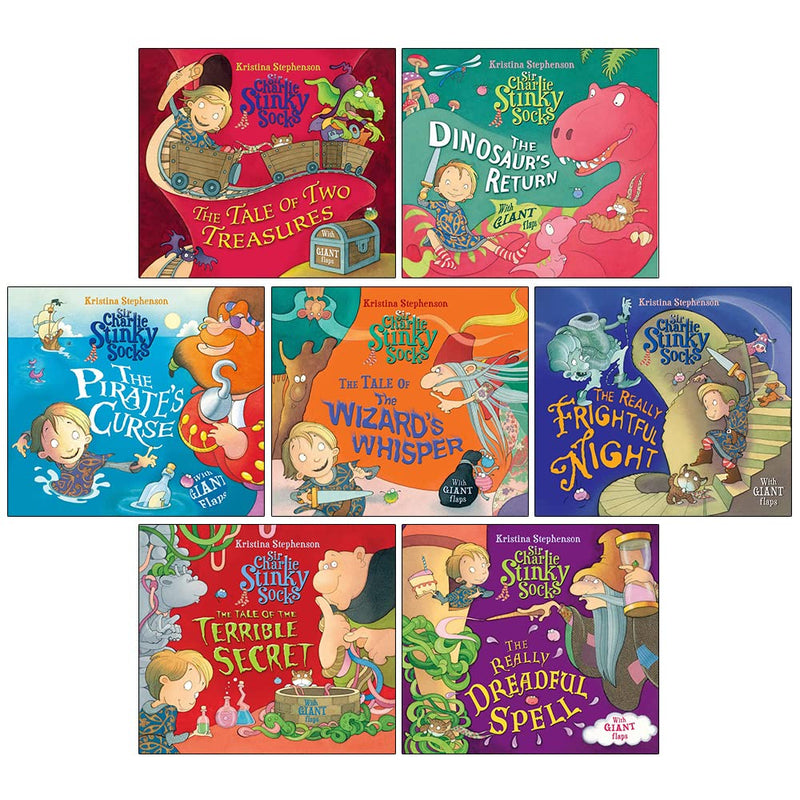 Sir Charlie Stinky Socks collection by Kristina Stephenson featuring seven colorful storybooks with whimsical illustrations.