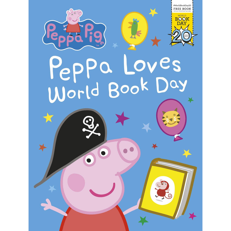 Peppa Pig book titled "Peppa Loves World Book Day" showing Peppa and family celebrating in colorful illustrations.
