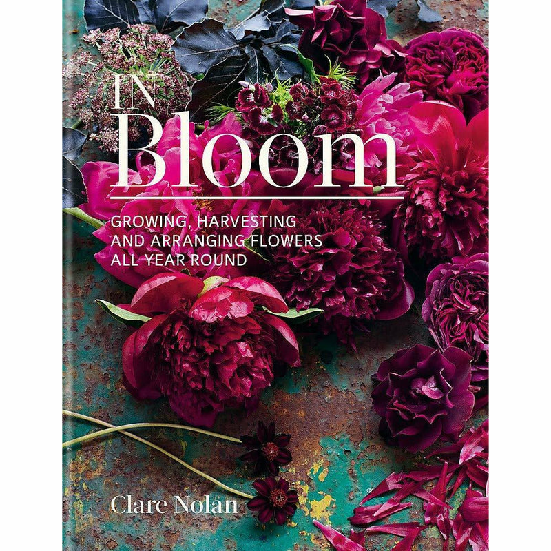 Set of three hardcover gardening books including In Bloom, 365 Days of Colour, and The Thrifty Gardener by Clare Nolan, with colorful covers.