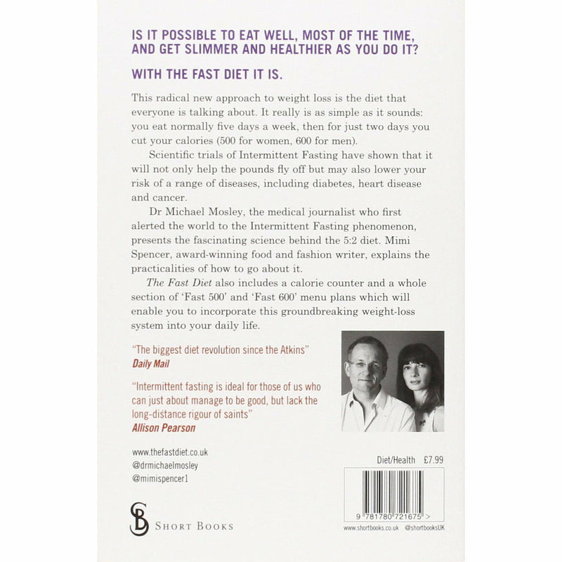 Paperback of The Fast Diet: The Secret of Intermittent Fasting by Dr. Michael Mosley, featuring cover art with book title and author name.