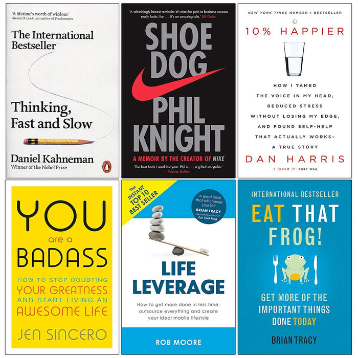 Thinking Fast and Slow, Shoe Dog, 10% Happier, You Are a Badass, Life Leverage, Eat That Frog 6 Books Collection Set - The Book Bundle