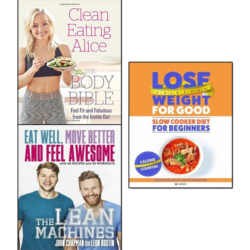 Collection of three paperback books by Alice Liveing, Leon Bustin, and John Chapman on clean eating, weight loss, and healthy living.