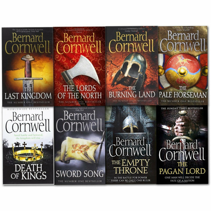 Set of eight paperback Warrior Chronicles books by Bernard Cornwell, featuring historical fiction covers and titles.