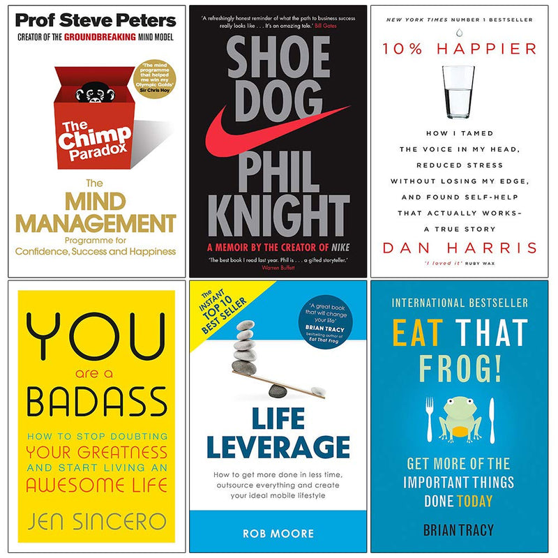 Six non-fiction paperback book set featuring titles by Prof Steve Peters, Dan Harris, Phil Knight, Brian Tracy, and Jen Sincero.