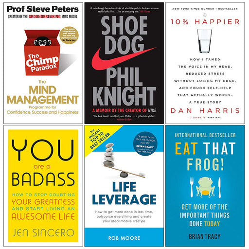 Chimp Paradox, Shoe Dog, 10% Happier, You Are a Badass, Life Leverage, Eat That Frog 6 Books Collection Set - The Book Bundle