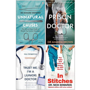 Four paperback non-fiction books by Max Pemberton and Nick Edwards, including Unnatural Causes and In Stitches, with colorful covers.