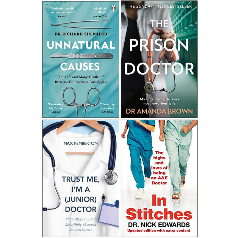 Four paperback non-fiction books by Max Pemberton and Nick Edwards, including Unnatural Causes and In Stitches, with colorful covers.