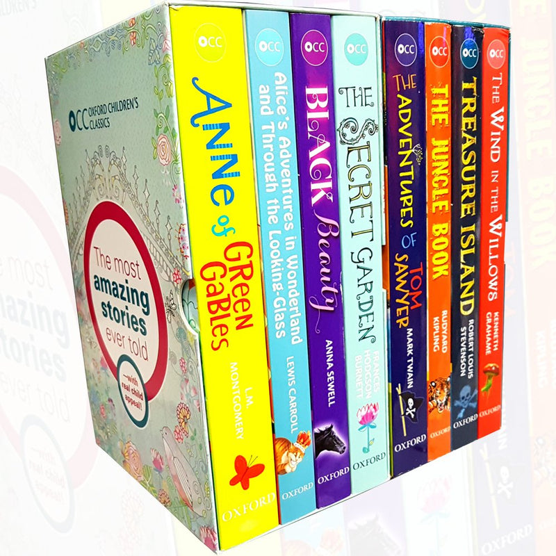 Set of eight Oxford Children's Classics paperback books featuring stories by Mark Twain, L.M. Montgomery, and other authors.