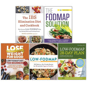 Set of five nonfiction books including The IBS Elimination Diet and Cookbook by Harmony Books, featuring low-FODMAP 28-day plan.