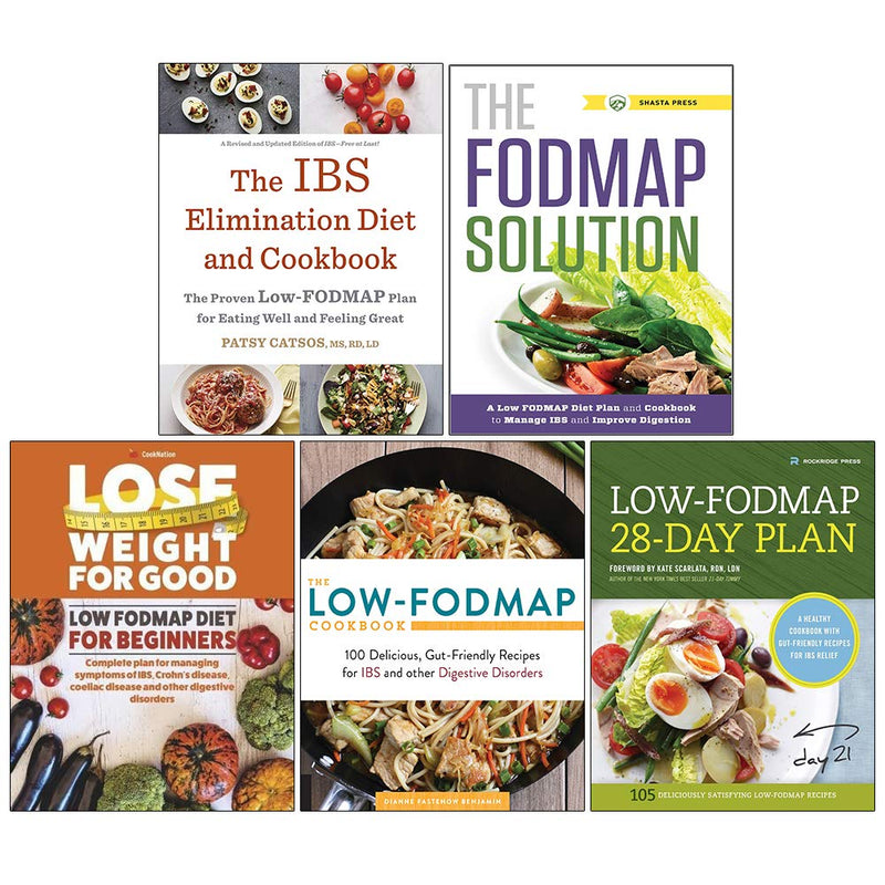 Set of five nonfiction books including The IBS Elimination Diet and Cookbook by Harmony Books, featuring low-FODMAP 28-day plan.