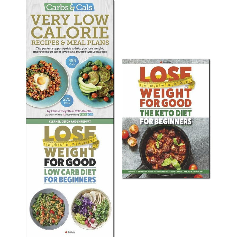Set of three paperback books on carbs, weight loss, and the keto diet for beginners by Yello Balolia and Iota Publishing, featuring colorful covers.